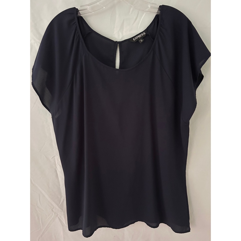 Express Womens Top Blouse Extra‎ Large XL Navy Blue Keyhole Short Sleeve